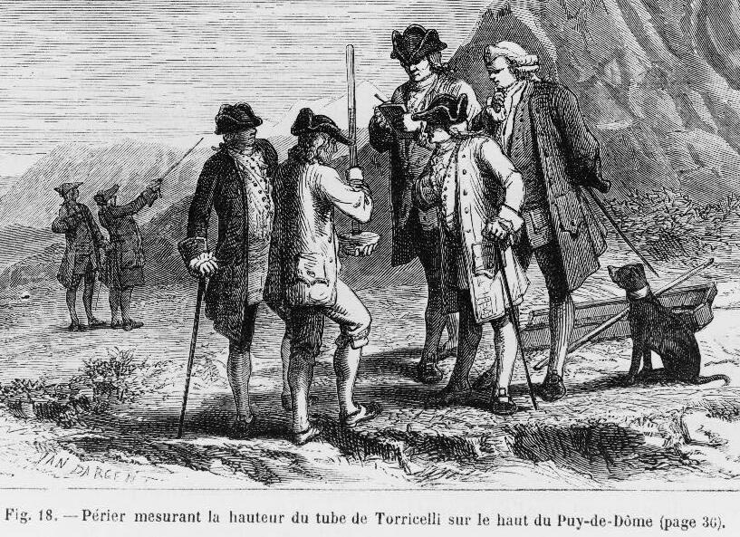 Nineteenth-century wood engraving of Florin Périer and companions in eighteenth-century dress reading a tall Torricelli tube on the summit of the Puy de Dôme