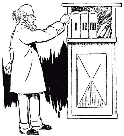 Professor Rackbrane pointing at three volumes, I, II and III, standing on a shelf