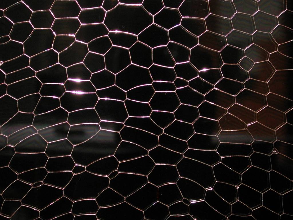 Photograph of a single layer of soap bubbles seen from above: bright thin walls outline an irregular mosaic of polygonal cells on a dark background