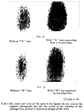 Blondlot's 1904 photographs of a small electric spark without and with N rays, his Figs. 6 and 7