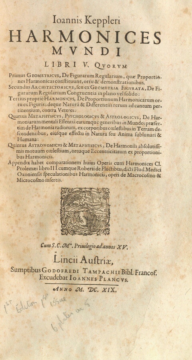 Title page of Kepler's Harmonices mundi libri V, printed at Linz in 1619