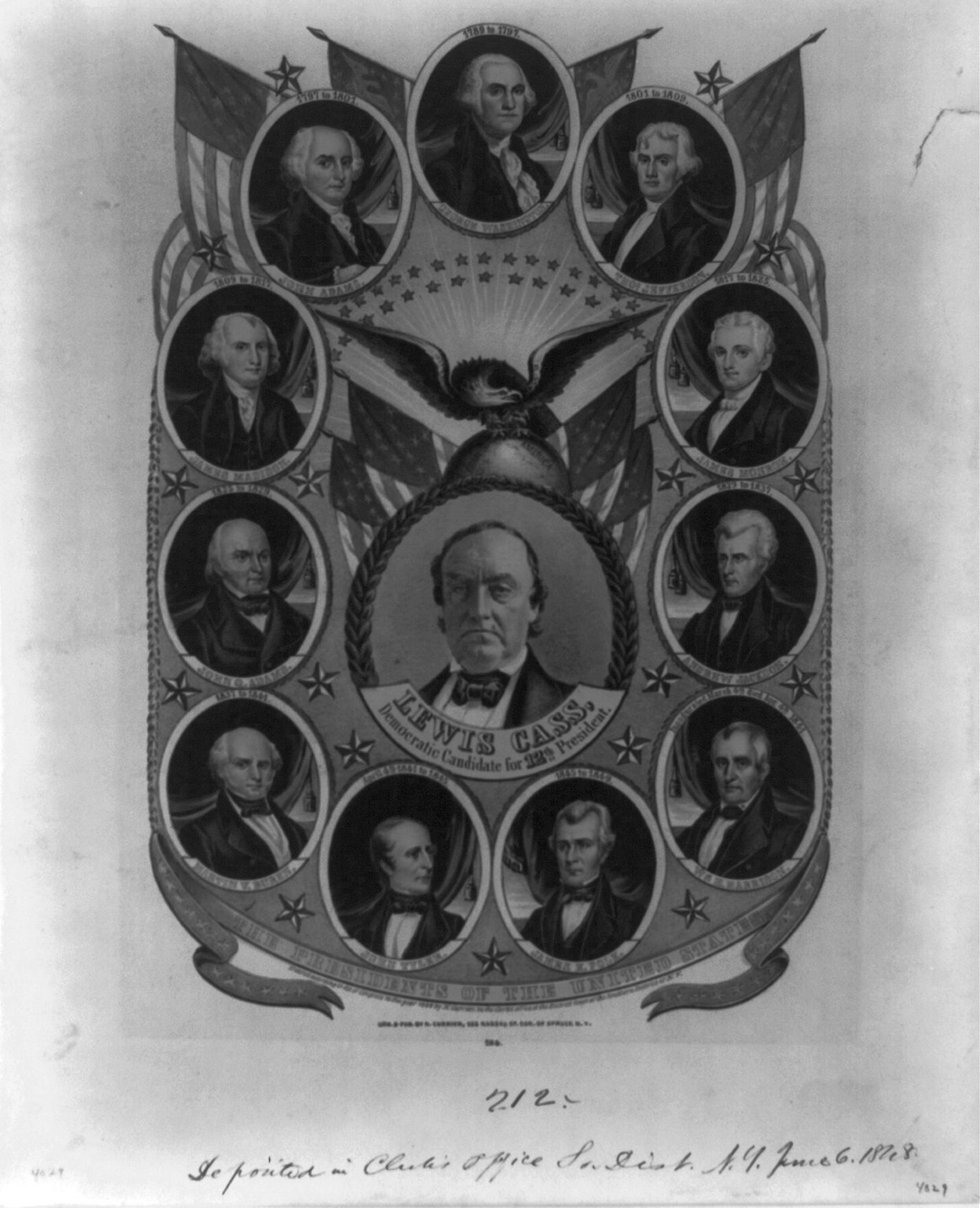 An 1848 lithograph banner: oval portraits of earlier presidents around a central portrait of Lewis Cass, Democratic candidate