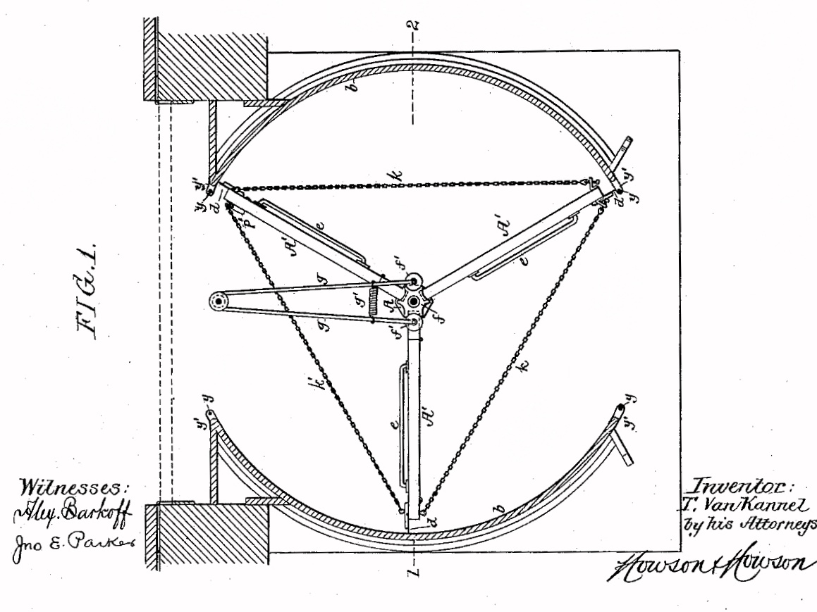 Patent drawing of a storm-door structure: plan and elevation of three door leaves on a central shaft inside a cylindrical enclosure