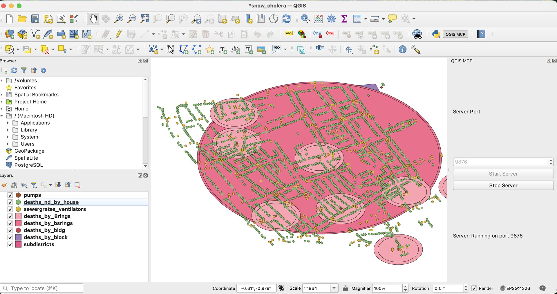 QGIS desktop showing the John Snow cholera layers — death-density kernels over the Soho street network — with the QGIS MCP server panel running on port 9876