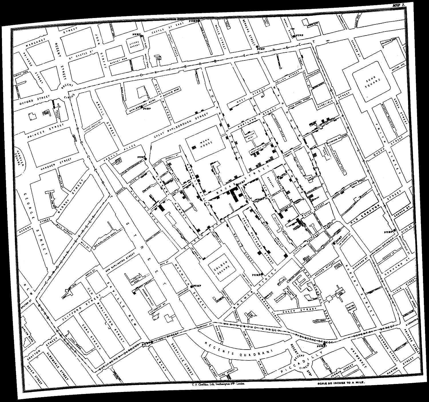 John Snow's original 1854 map of cholera deaths clustered around the Broad Street pump in Soho, London