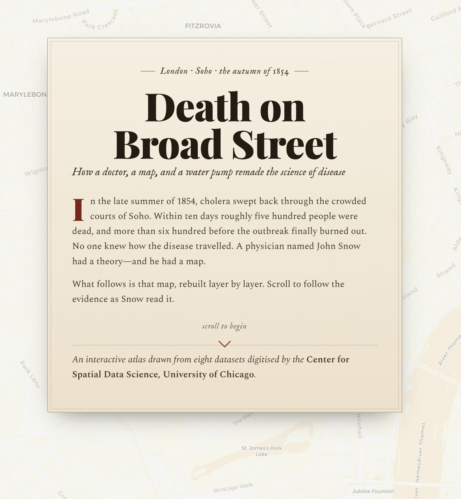 Death on Broad Street — the scrolling Leaflet story-map of the 1854 London cholera outbreak built in this workshop